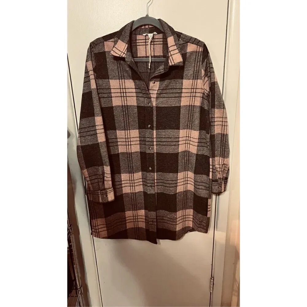 Beach Lunch Lounge Pink Gray Flannel Pocketed Top Size L - Picture 2 of 9
